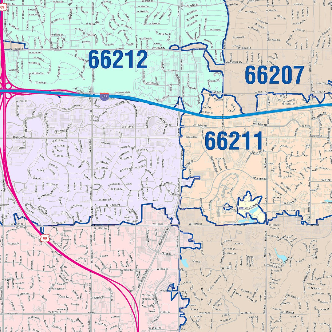 Color Cast Zip Code Style Wall Map of Overland Park, KS