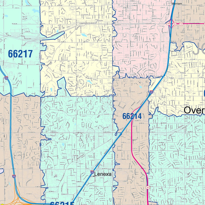 Color Cast Zip Code Style Wall Map of Overland Park, KS