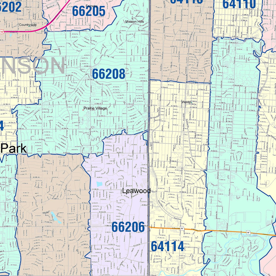 Color Cast Zip Code Style Wall Map of Overland Park, KS