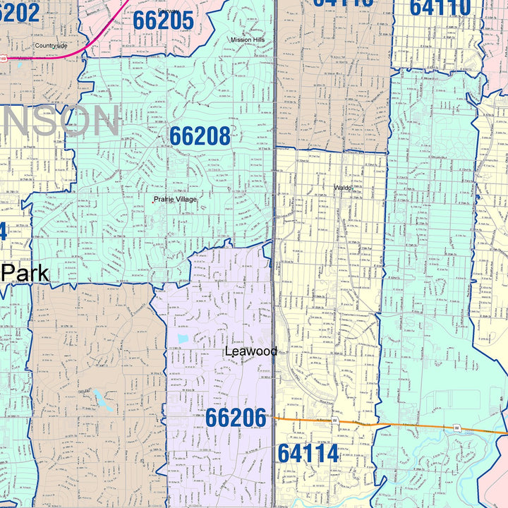 Color Cast Zip Code Style Wall Map of Overland Park, KS