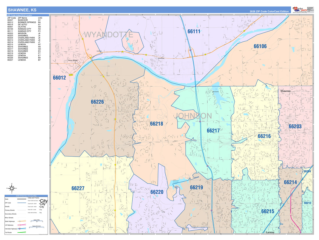 Color Cast Zip Code Style Wall Map of Shawnee, KS
