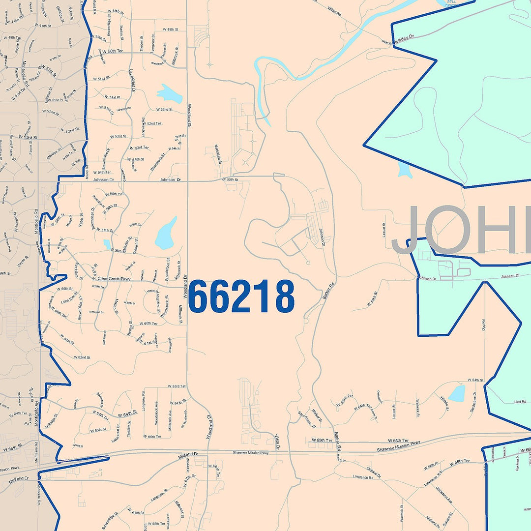 Color Cast Zip Code Style Wall Map of Shawnee, KS