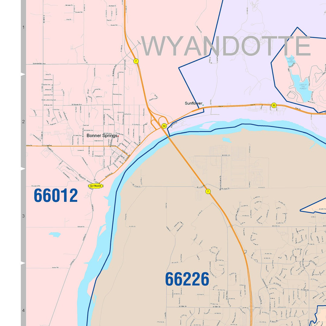 Color Cast Zip Code Style Wall Map of Shawnee, KS