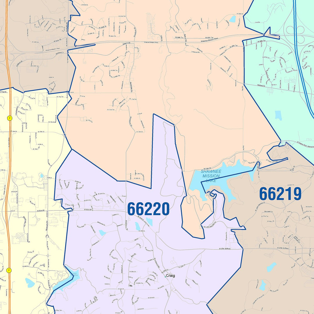 Color Cast Zip Code Style Wall Map of Shawnee, KS