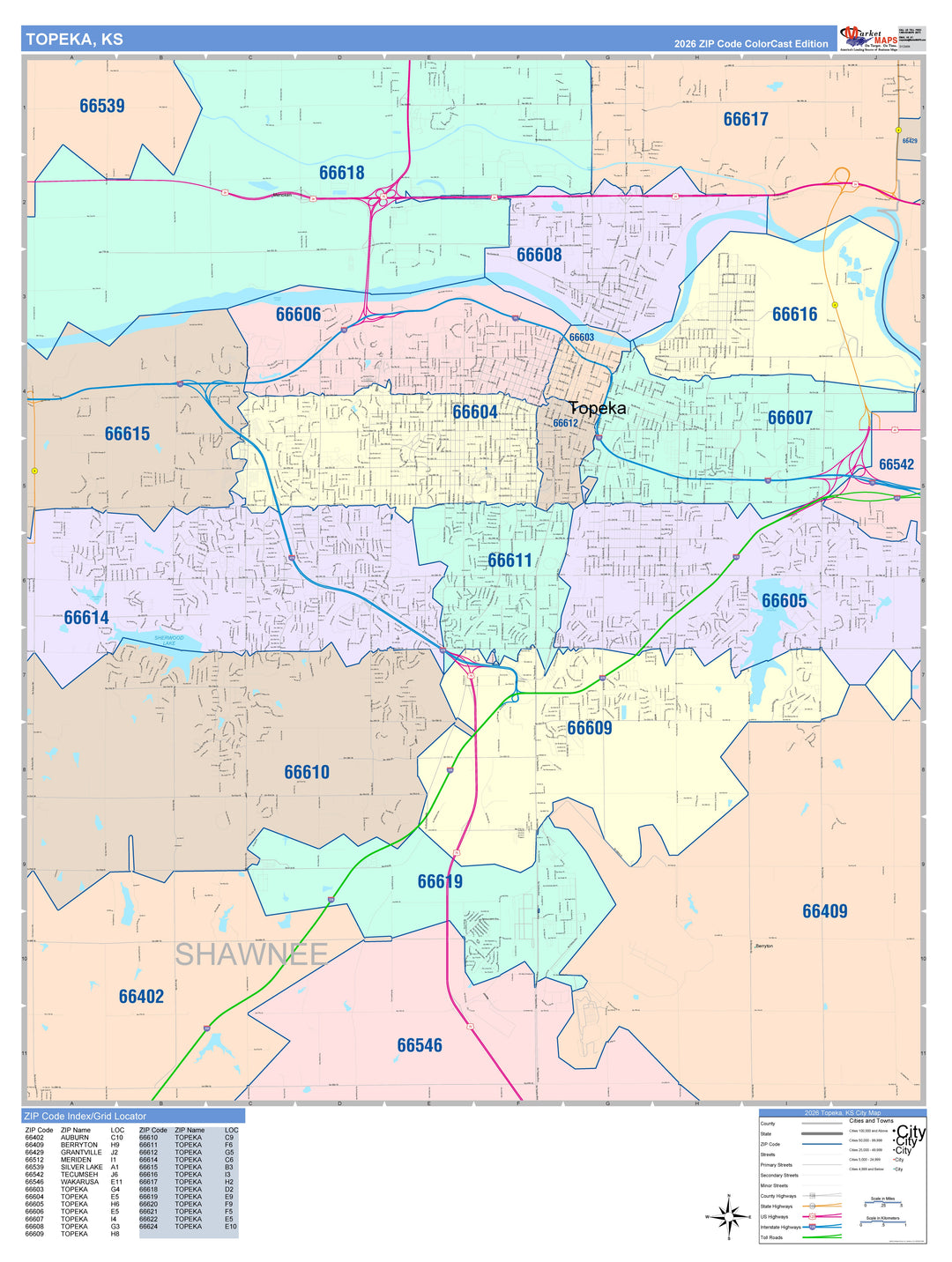 Color Cast Zip Code Style Wall Map of Topeka, KS
