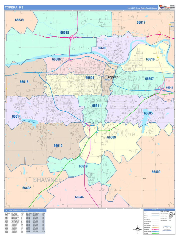 Color Cast Zip Code Style Wall Map of Topeka, KS