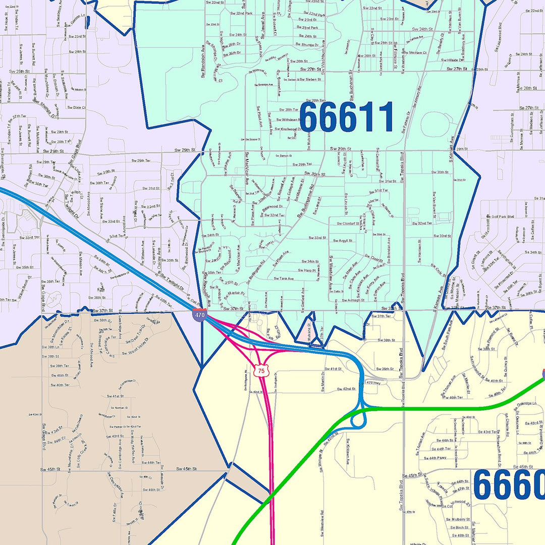 Color Cast Zip Code Style Wall Map of Topeka, KS