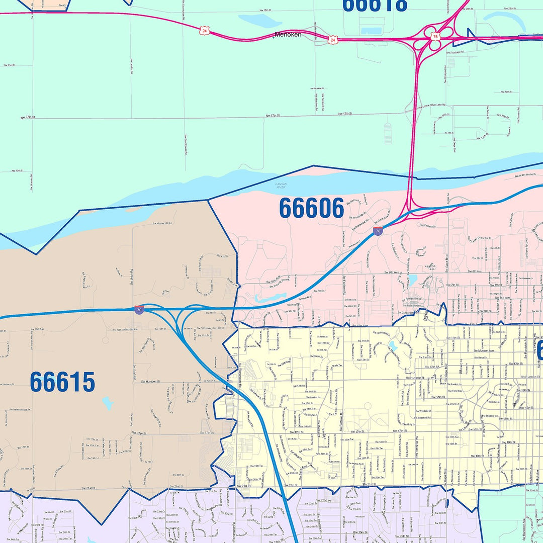 Color Cast Zip Code Style Wall Map of Topeka, KS