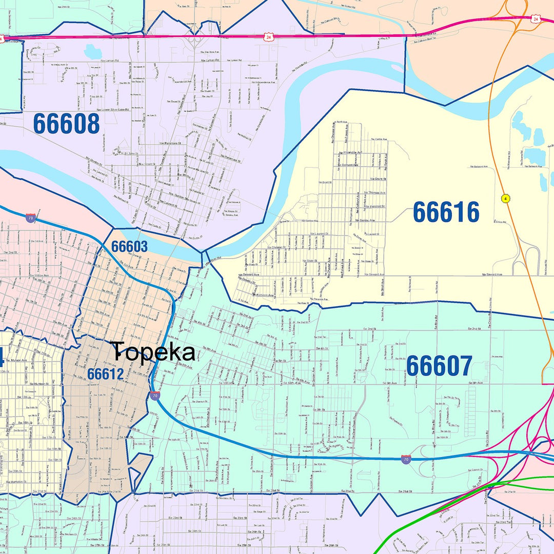 Color Cast Zip Code Style Wall Map of Topeka, KS