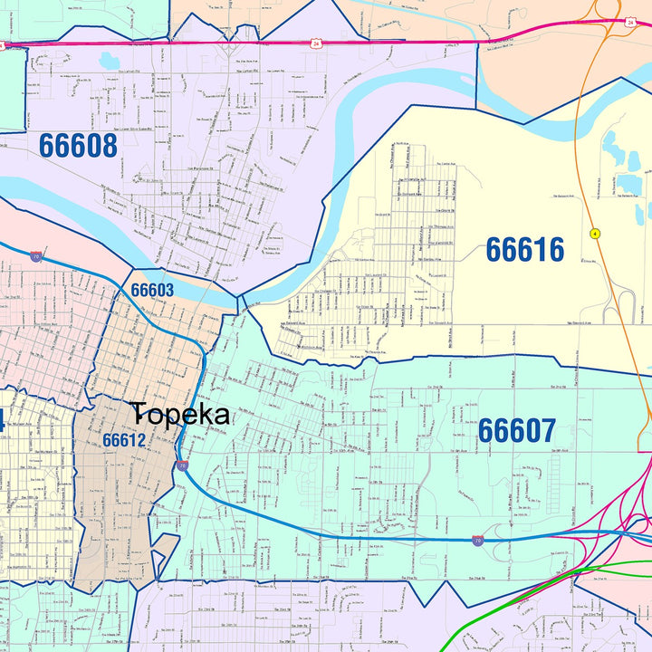 Color Cast Zip Code Style Wall Map of Topeka, KS