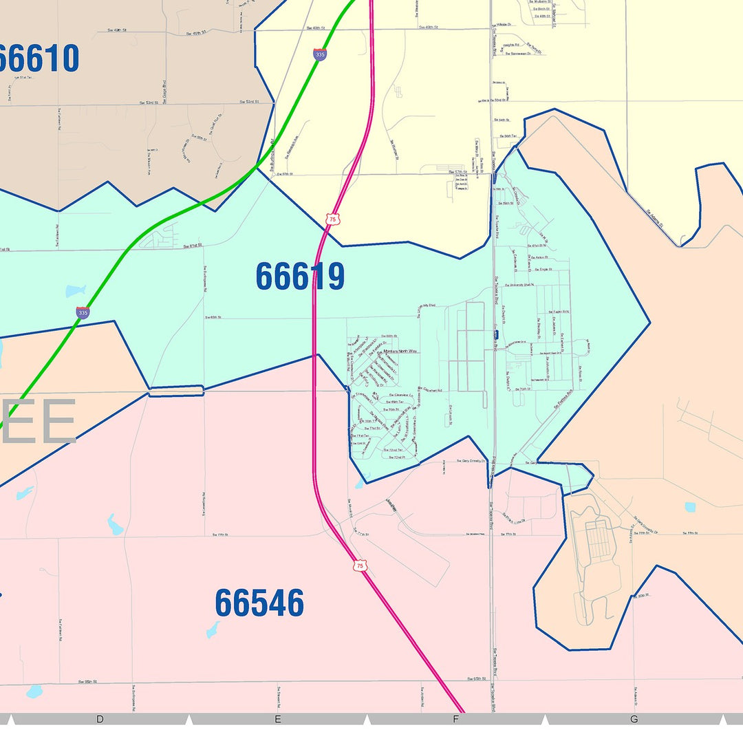 Color Cast Zip Code Style Wall Map of Topeka, KS