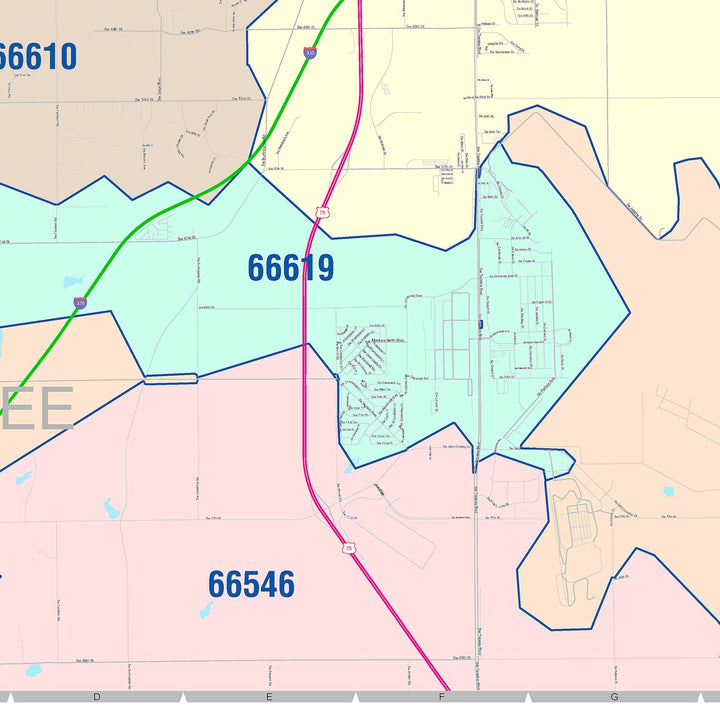 Color Cast Zip Code Style Wall Map of Topeka, KS