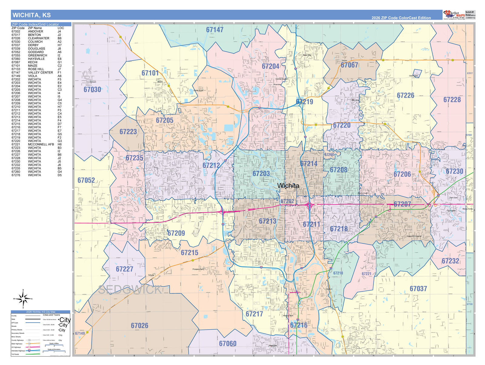 Colorcast Zip Code Style Wall Map of Wichita KS