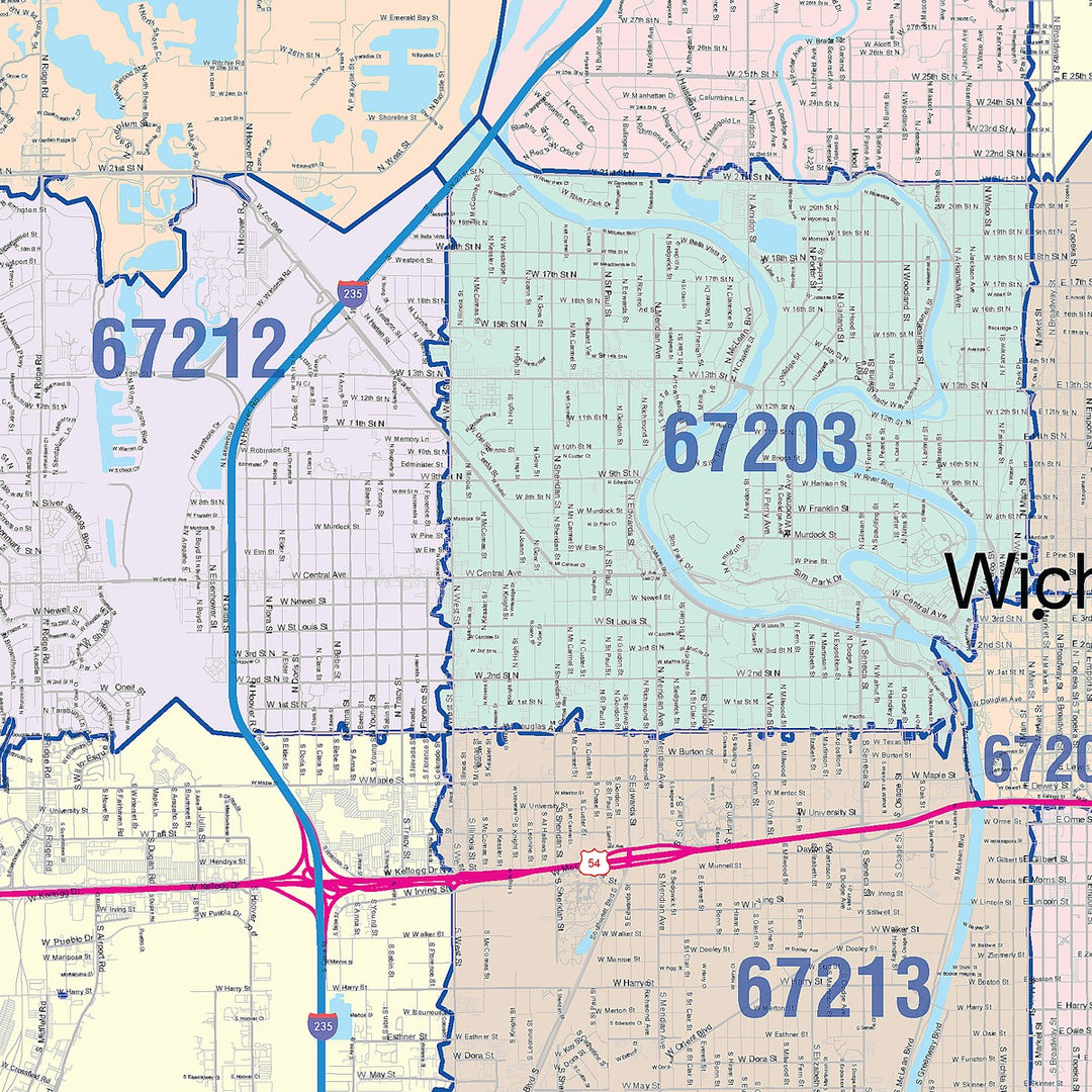 Colorcast Zip Code Style Wall Map of Wichita KS
