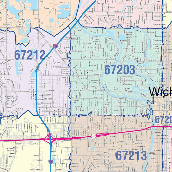 Colorcast Zip Code Style Wall Map of Wichita KS