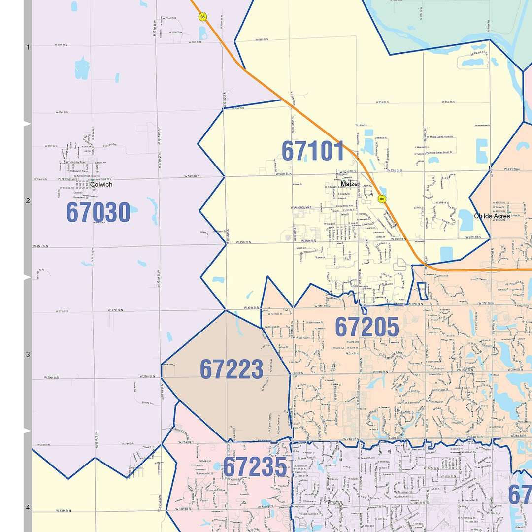 Colorcast Zip Code Style Wall Map of Wichita KS