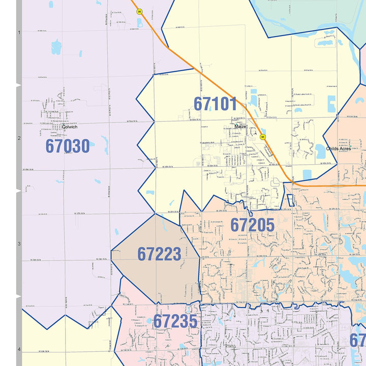 Colorcast Zip Code Style Wall Map of Wichita KS