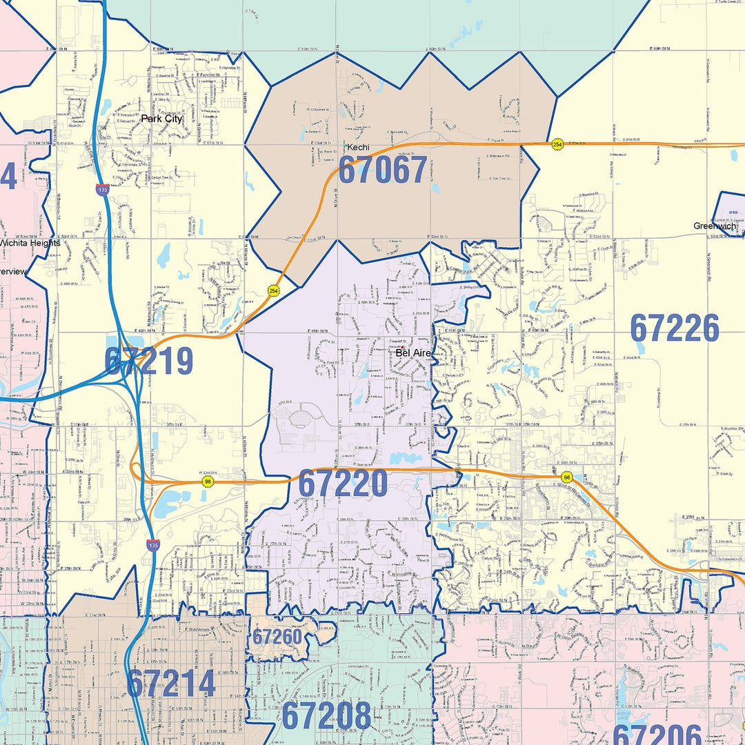 Colorcast Zip Code Style Wall Map of Wichita KS