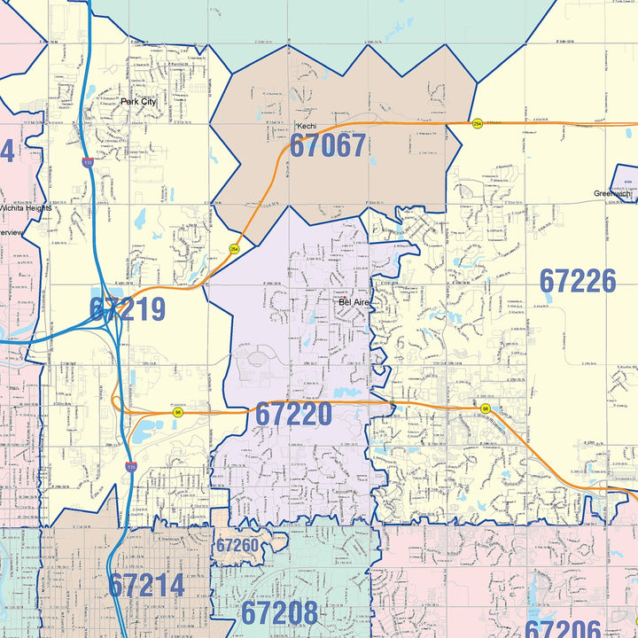 Colorcast Zip Code Style Wall Map of Wichita KS