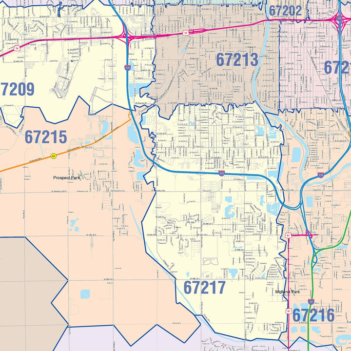 Colorcast Zip Code Style Wall Map of Wichita KS