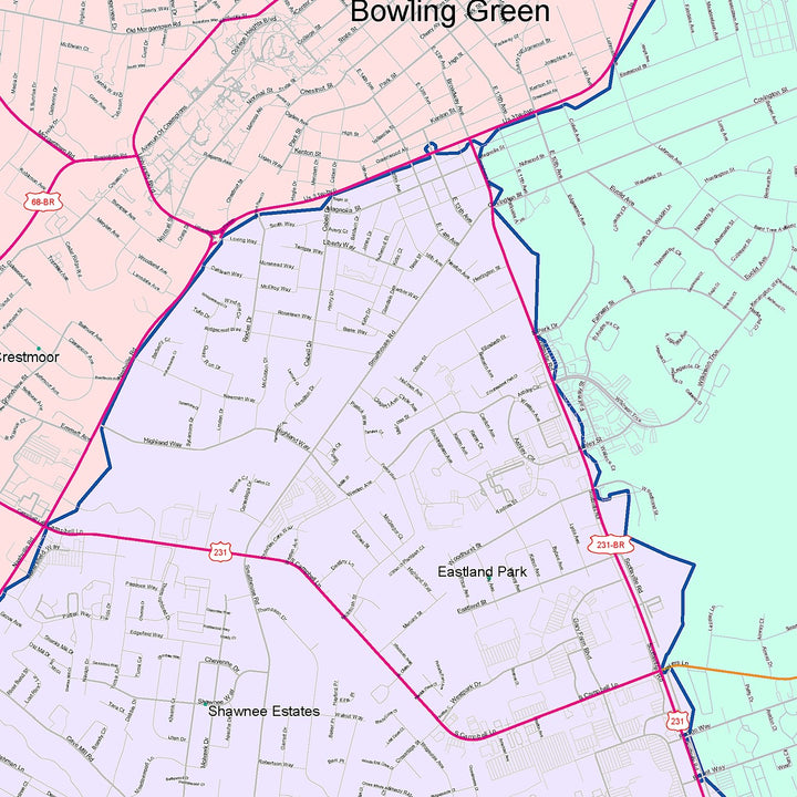 Color Cast Zip Code Style Wall Map of Bowling Green, KY