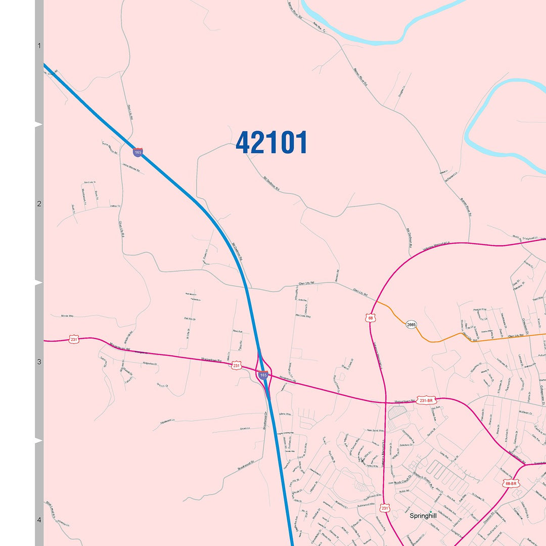 Color Cast Zip Code Style Wall Map of Bowling Green, KY