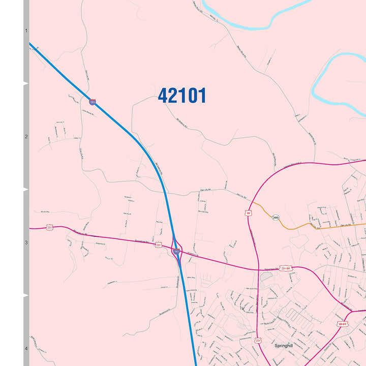 Color Cast Zip Code Style Wall Map of Bowling Green, KY