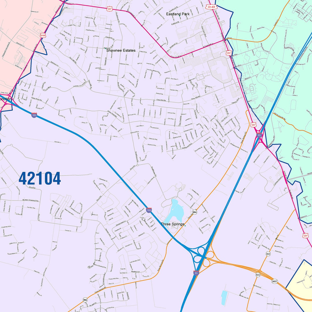 Color Cast Zip Code Style Wall Map of Bowling Green, KY