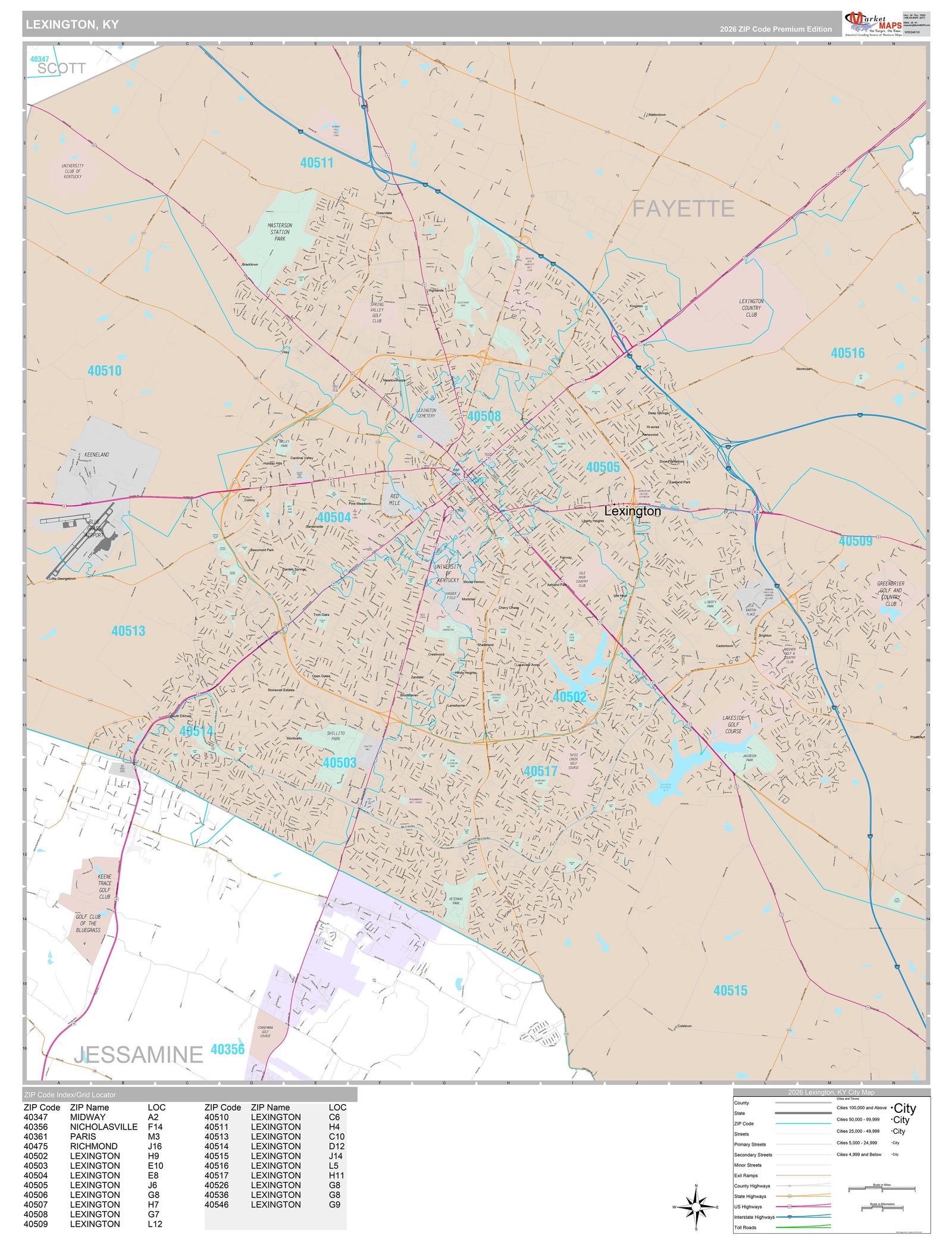 Premium Style Wall Map of Lexington KY.