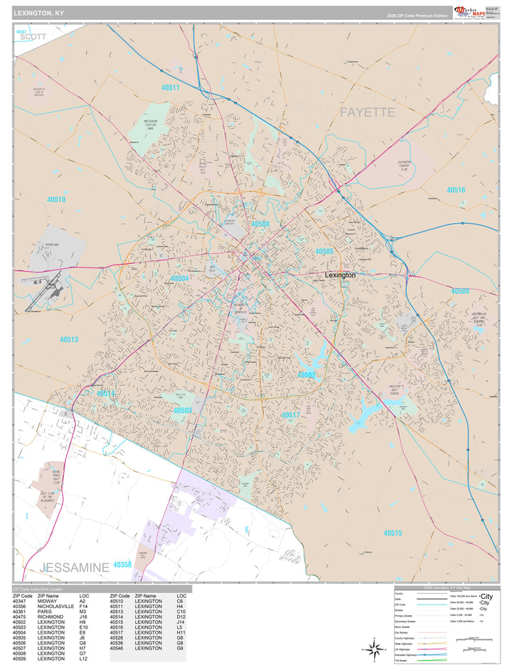 Premium Style Wall Map of Lexington KY.