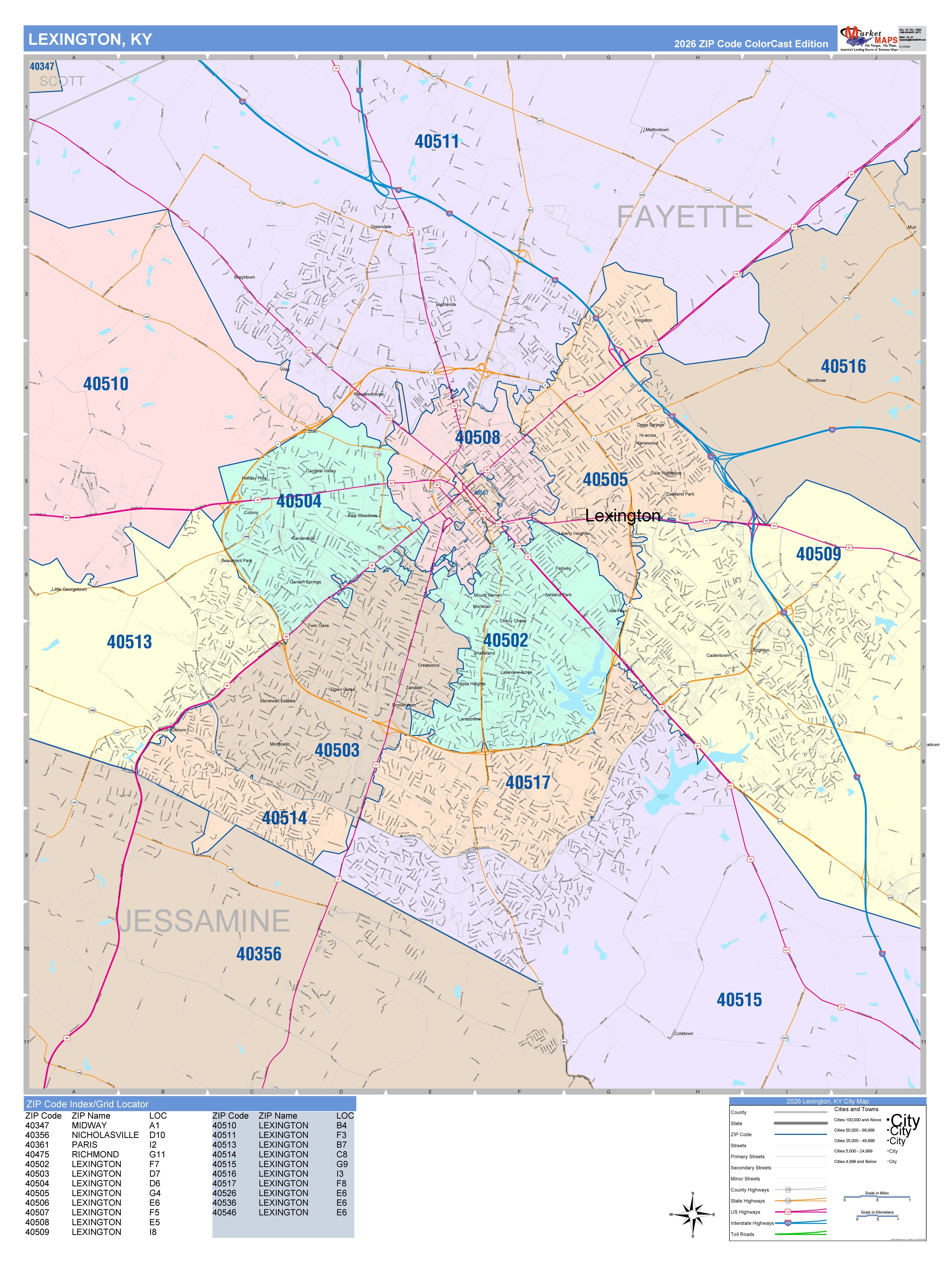 Colorcast Zip Code Style Wall Map of Lexington, KY – American Map