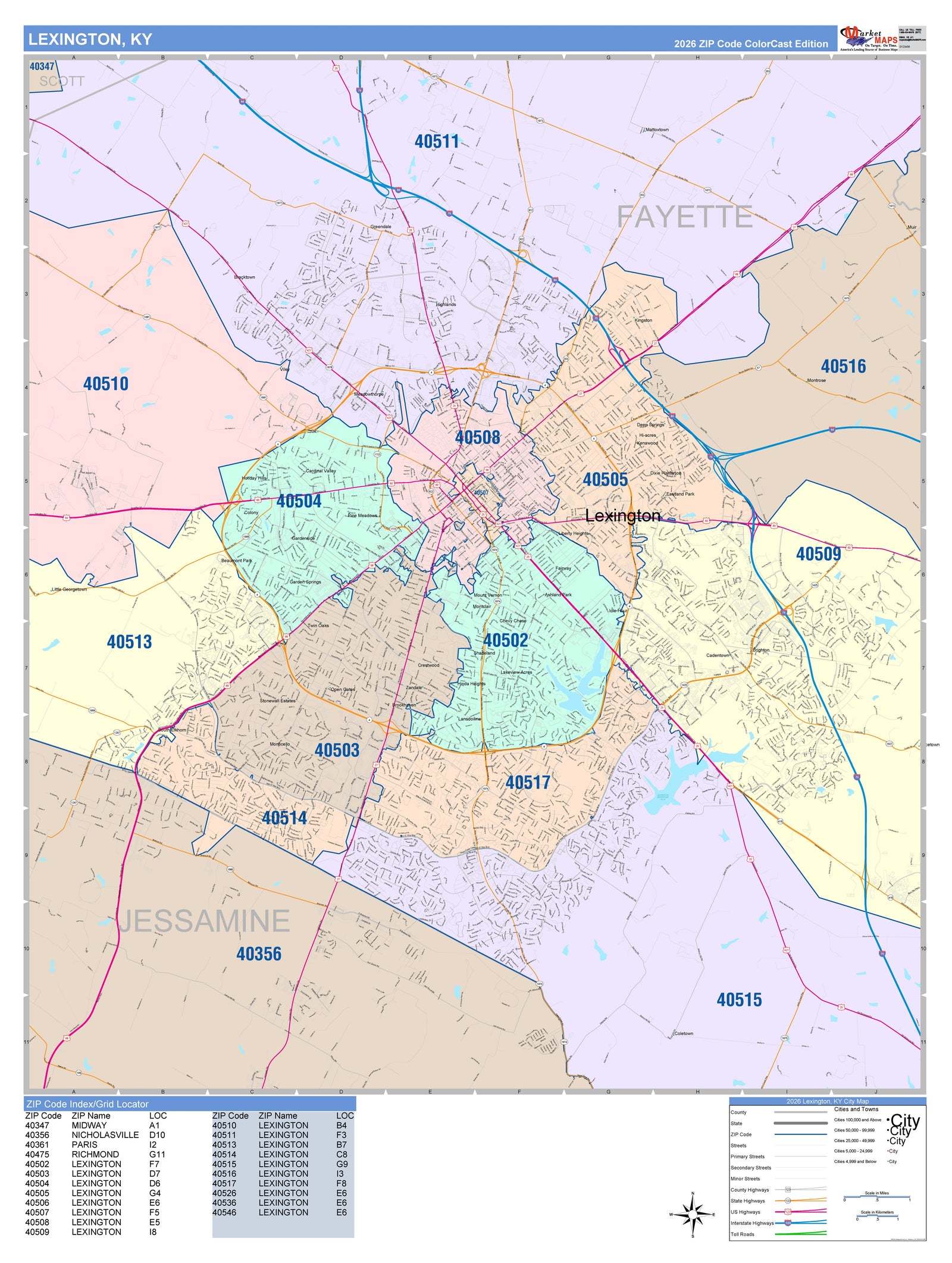 Colorcast Zip Code Style Wall Map of Lexington KY