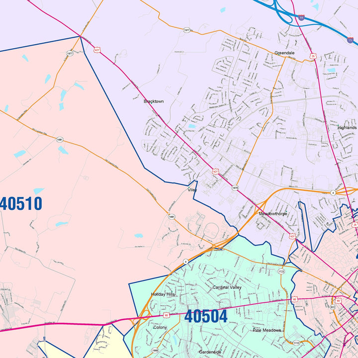 Colorcast Zip Code Style Wall Map of Lexington KY