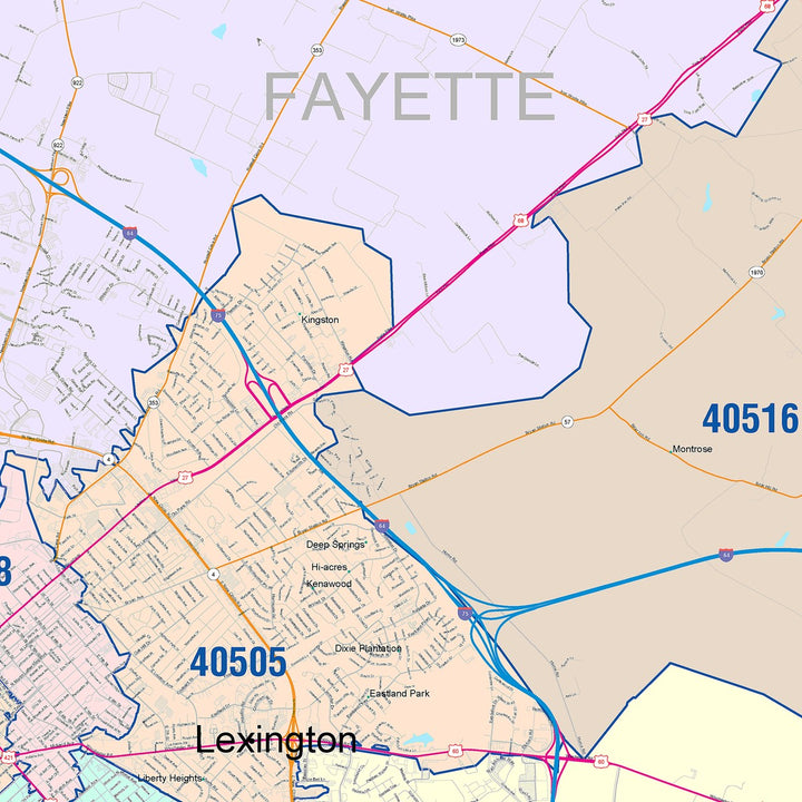 Colorcast Zip Code Style Wall Map of Lexington KY
