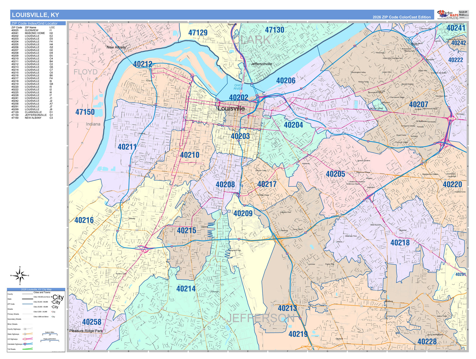 Colorcast Zip Code Style Wall Map of Louisville KY