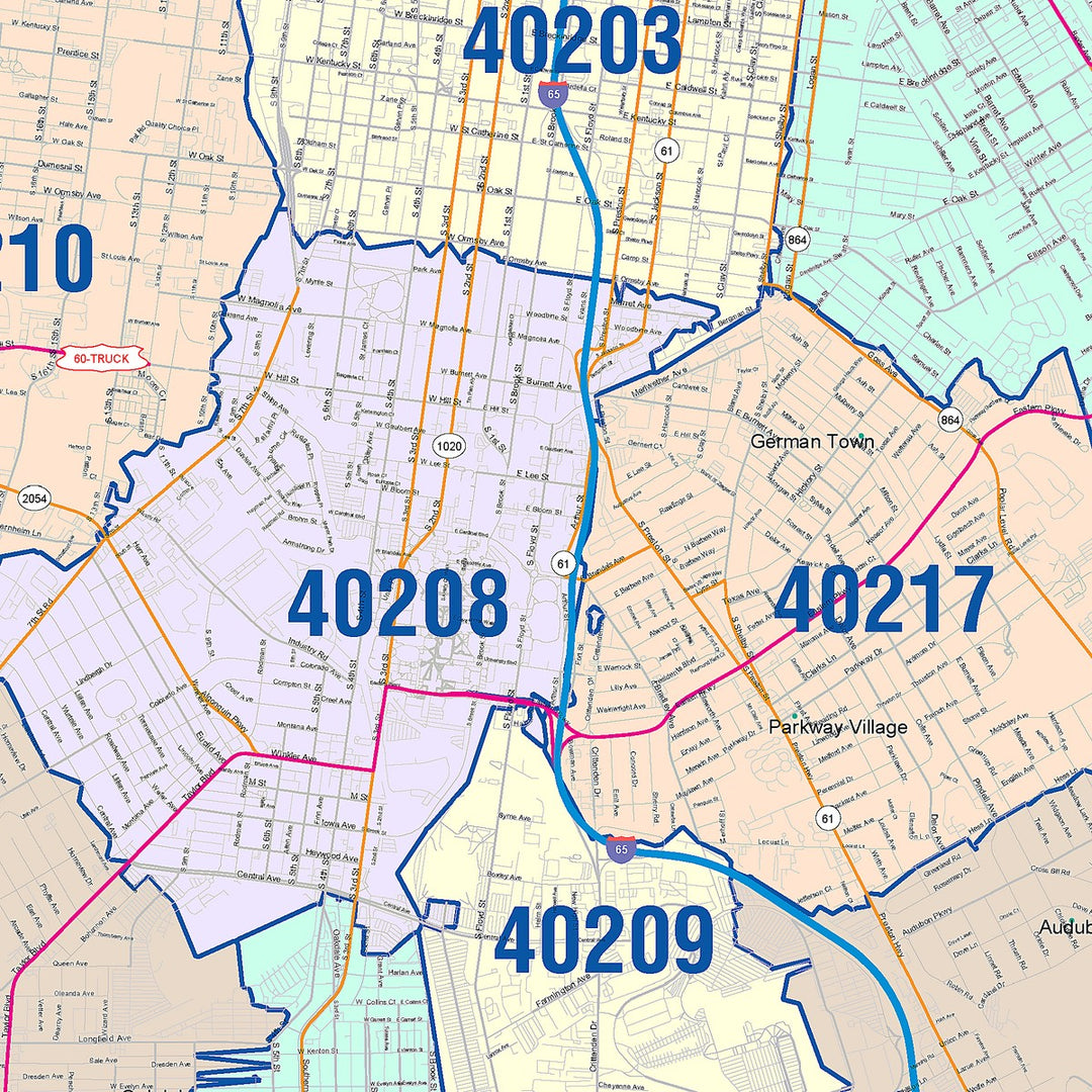 Colorcast Zip Code Style Wall Map of Louisville KY