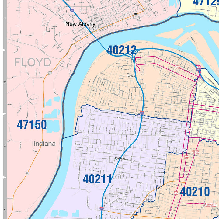 Colorcast Zip Code Style Wall Map of Louisville KY