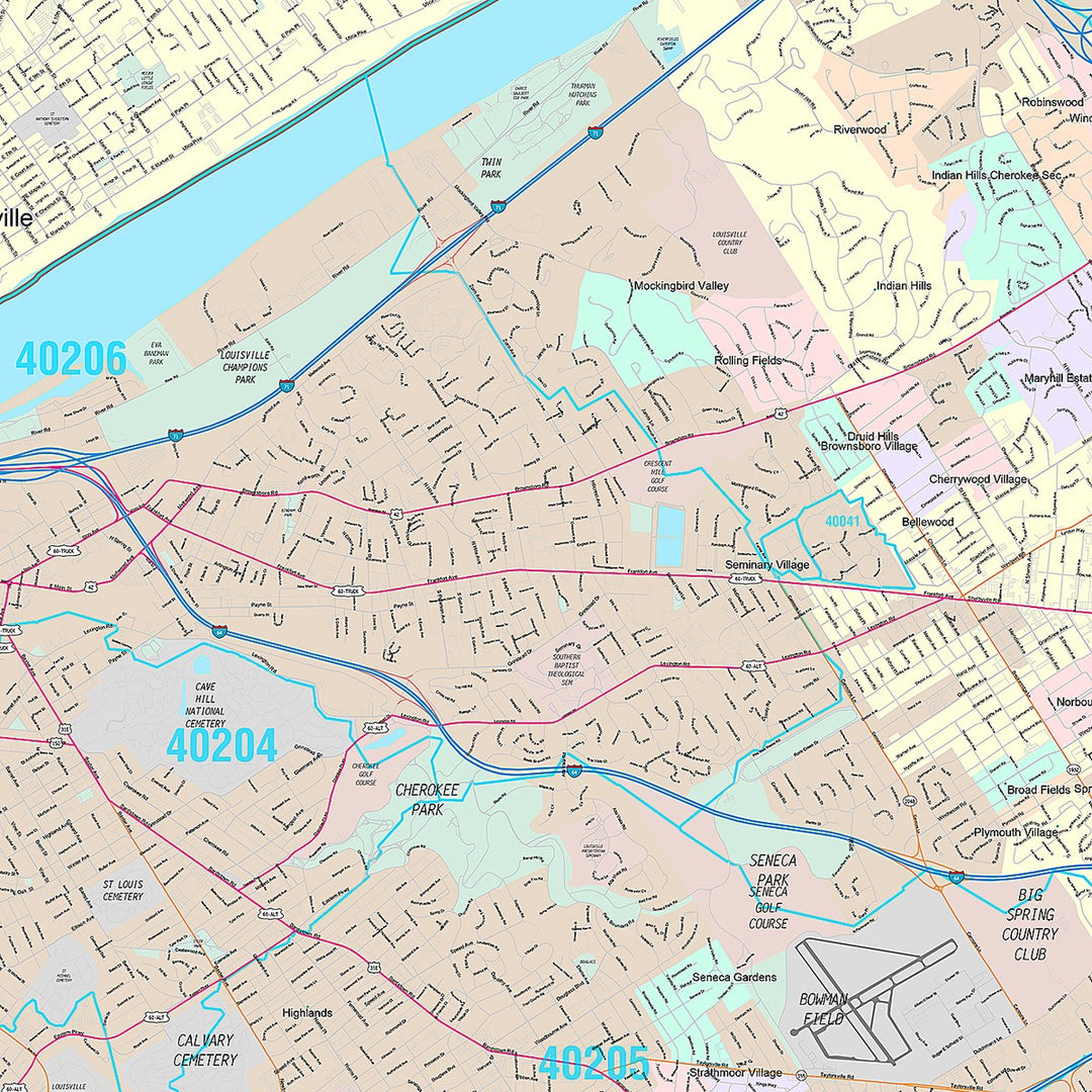 Premium Style Wall Map of Louisville KY.