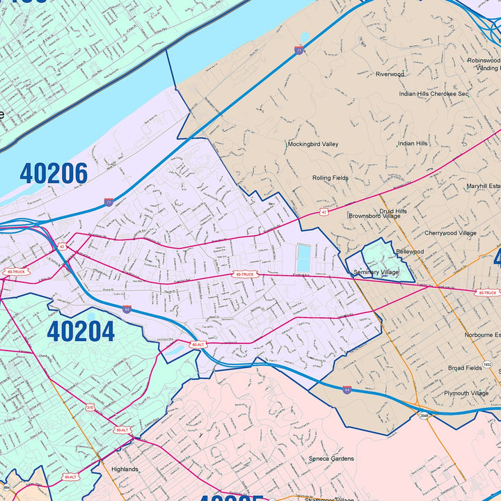 Colorcast Zip Code Style Wall Map of Louisville KY