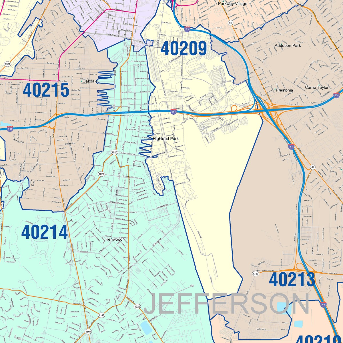 Colorcast Zip Code Style Wall Map of Louisville, KY – American Map
