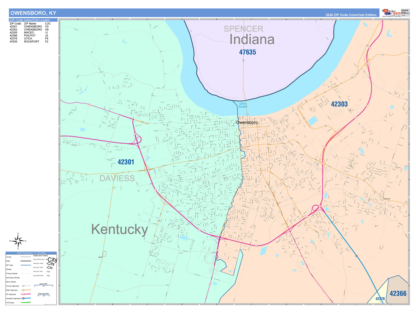 Color Cast Zip Code Style Wall Map of Owensboro, KY