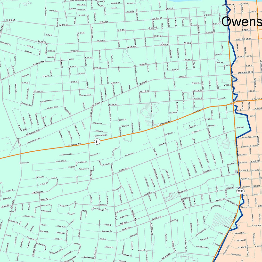Color Cast Zip Code Style Wall Map of Owensboro, KY