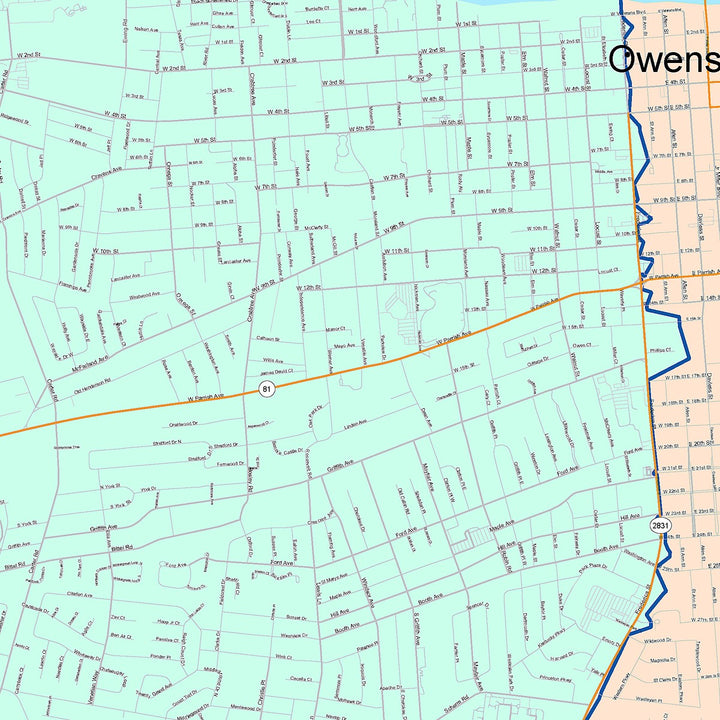 Color Cast Zip Code Style Wall Map of Owensboro, KY