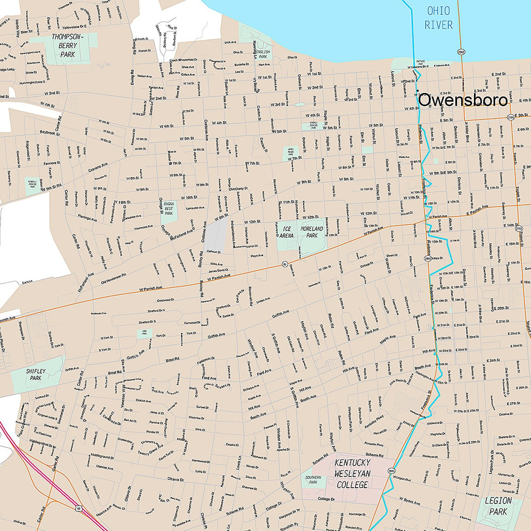 Premium Style Wall Map of Owensboro, KY