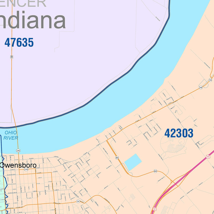 Color Cast Zip Code Style Wall Map of Owensboro, KY