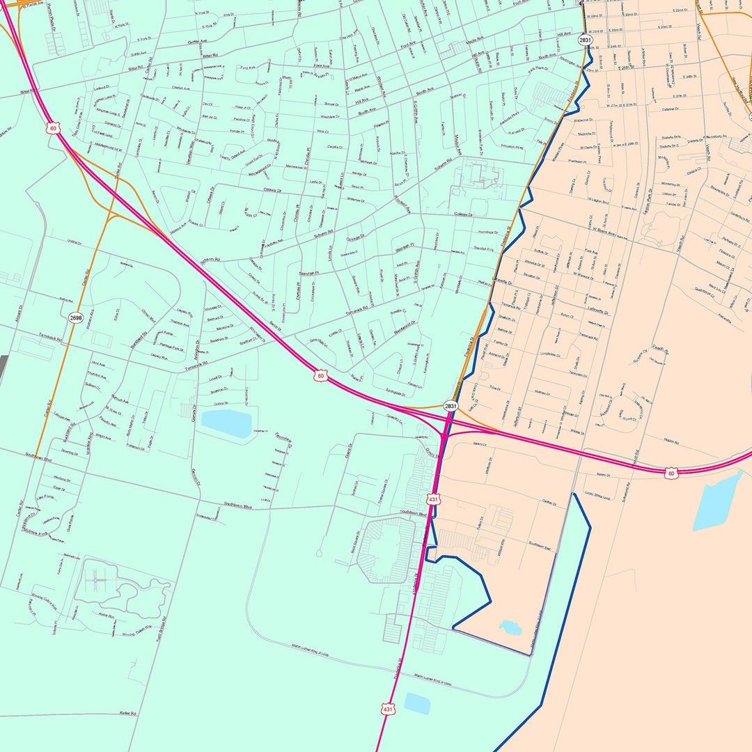 Color Cast Zip Code Style Wall Map of Owensboro, KY