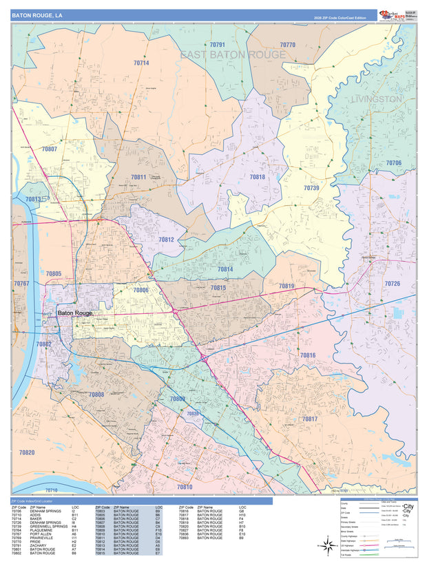 Baton Rouge General Map Color Cast Zip Code Style Wall Map of Baton Rouge LA – American Map Store