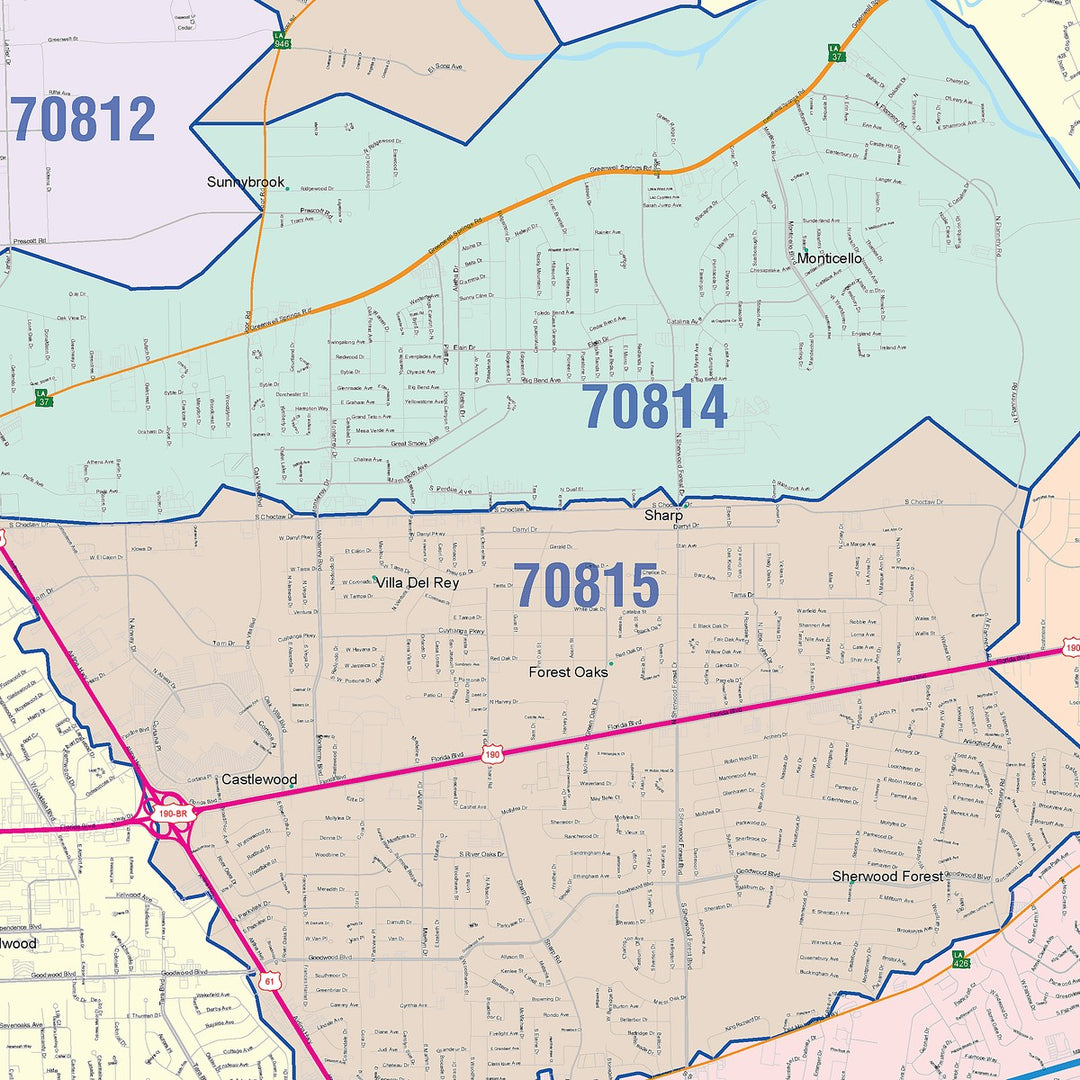 Color Cast Zip Code Style Wall Map of Baton Rouge, LA – American Map Store