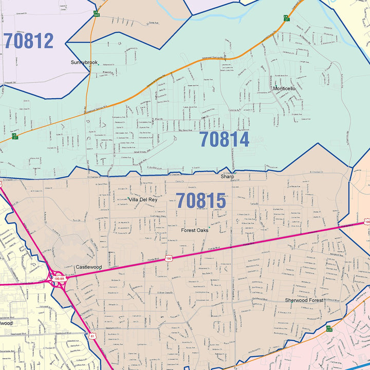Color Cast Zip Code Style Wall Map of Baton Rouge, LA – American Map Store