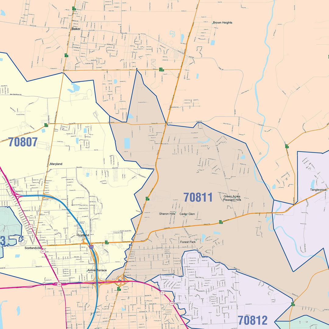 Color Cast Zip Code Style Wall Map of Baton Rouge, LA – American Map Store